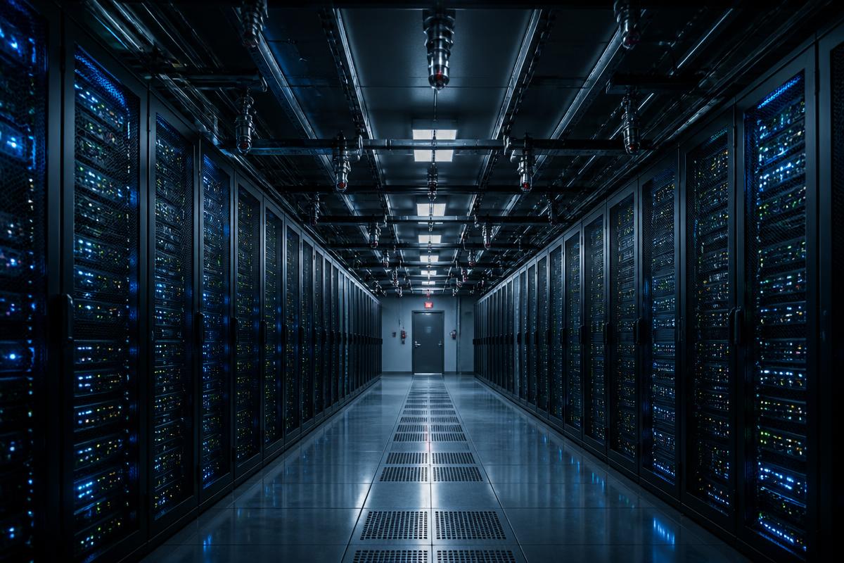 Ruang data center dengan nozzle sistem pemadam kebakaran gas di plafon